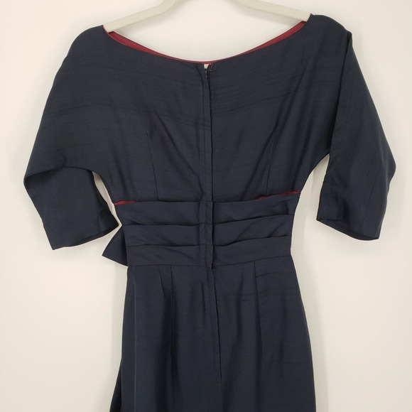 Vintage Miss Elliette Silk Shantung Wiggle Dress 00 Sheath Belted Bateau Navy - Picture 9 of 9